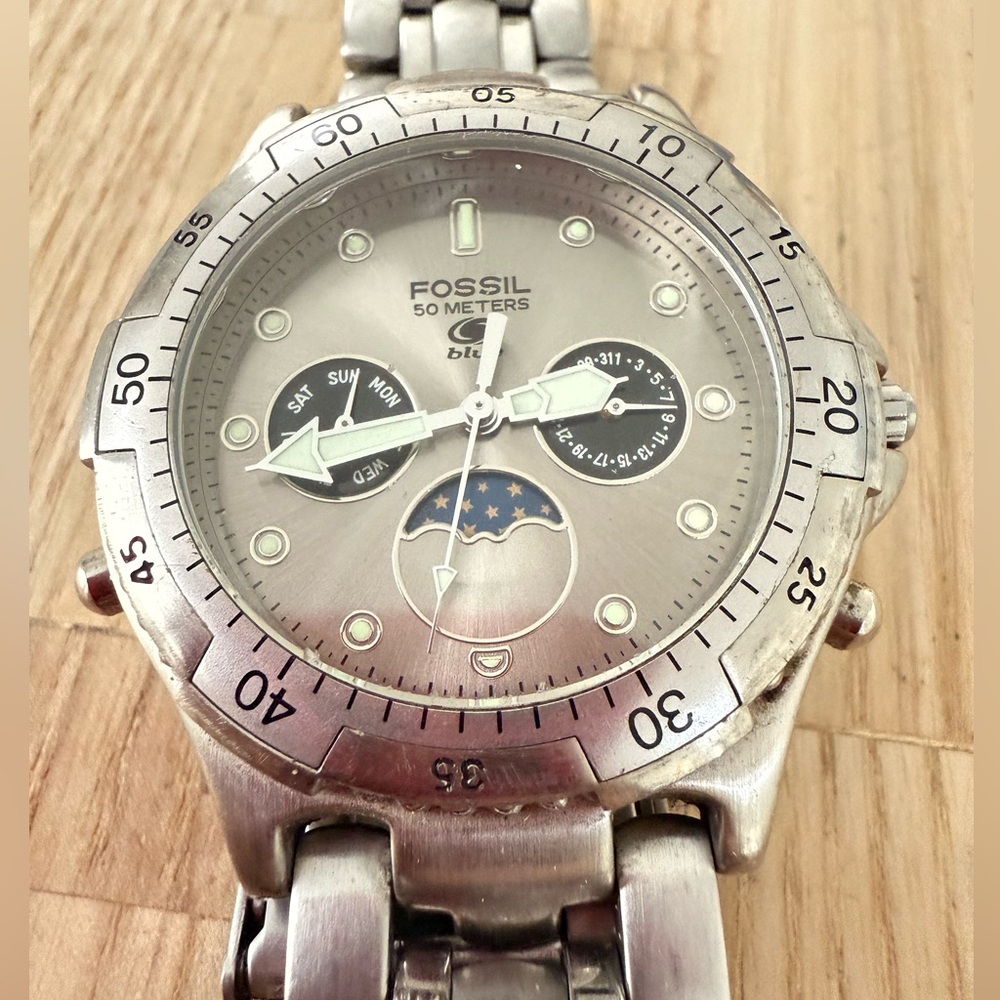 Fossil Blue mens stainless steel moon phase BQ-9011 sport watch NEW BATTERY